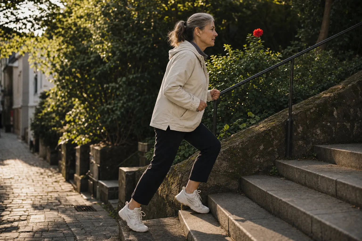 A person walking up city stairs in morning light.