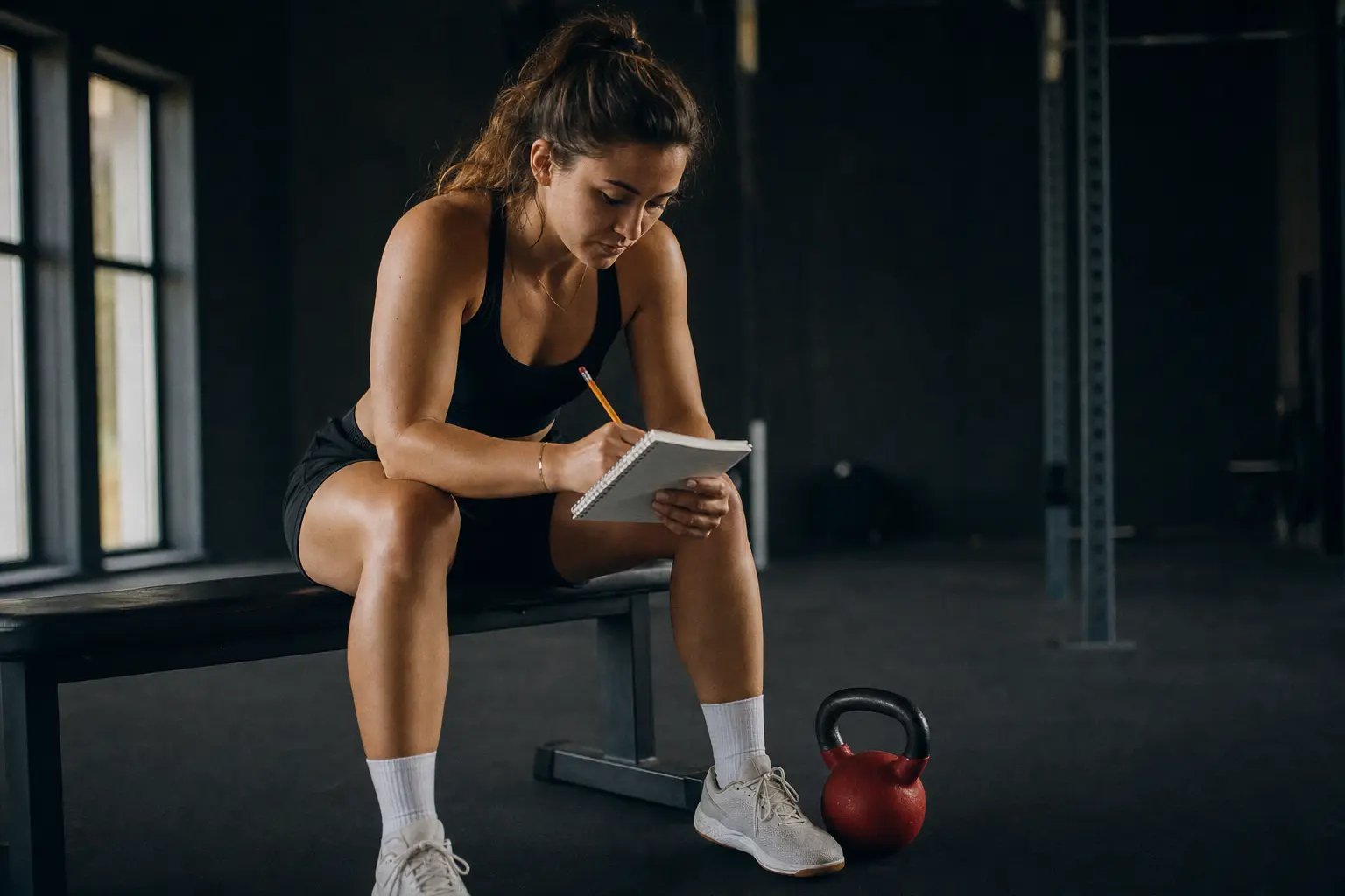 A person writing in a notebook on a gym bench.